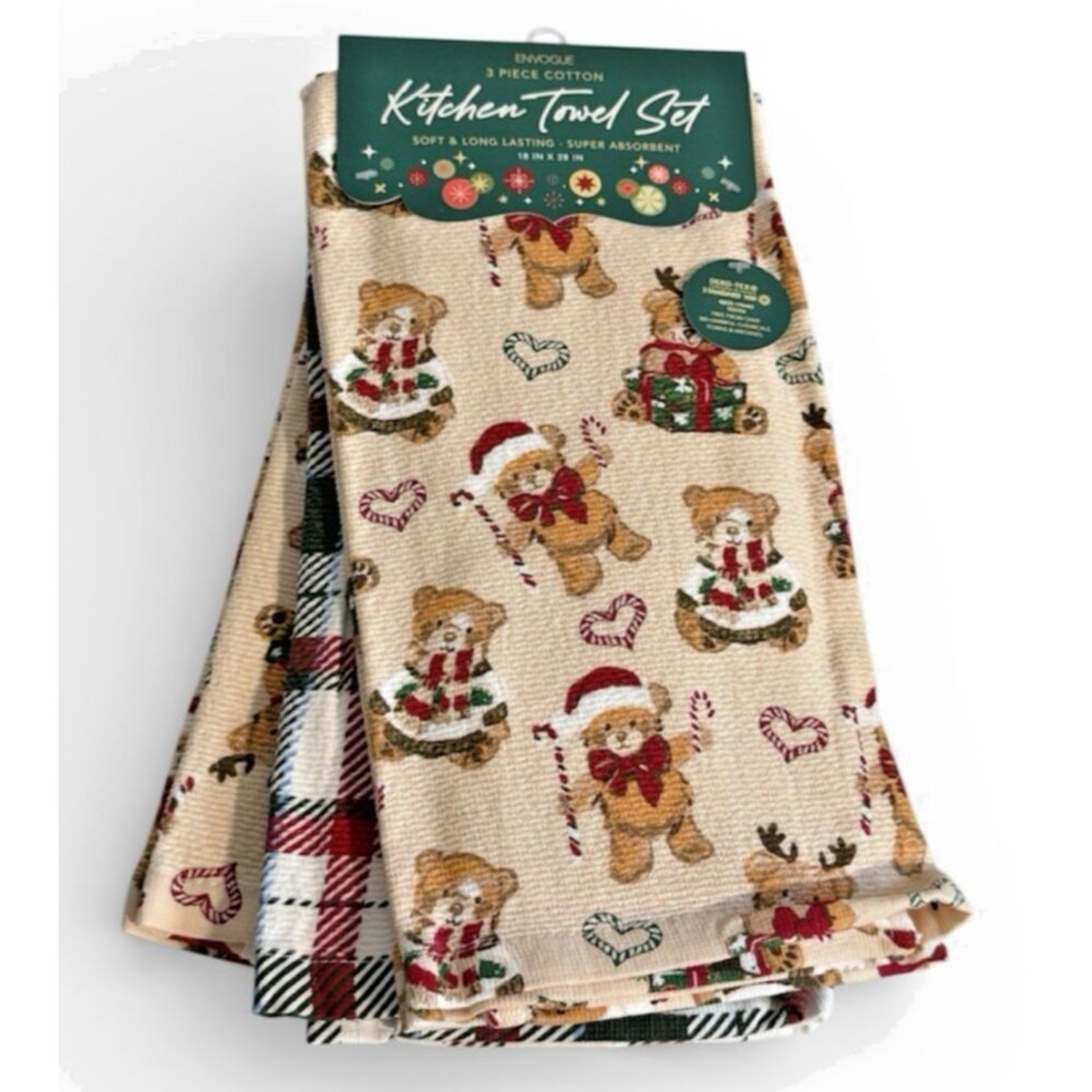 Envogue Christmas Teddy Bears Dish Kitchen Towels 100% Cotton Set of 3